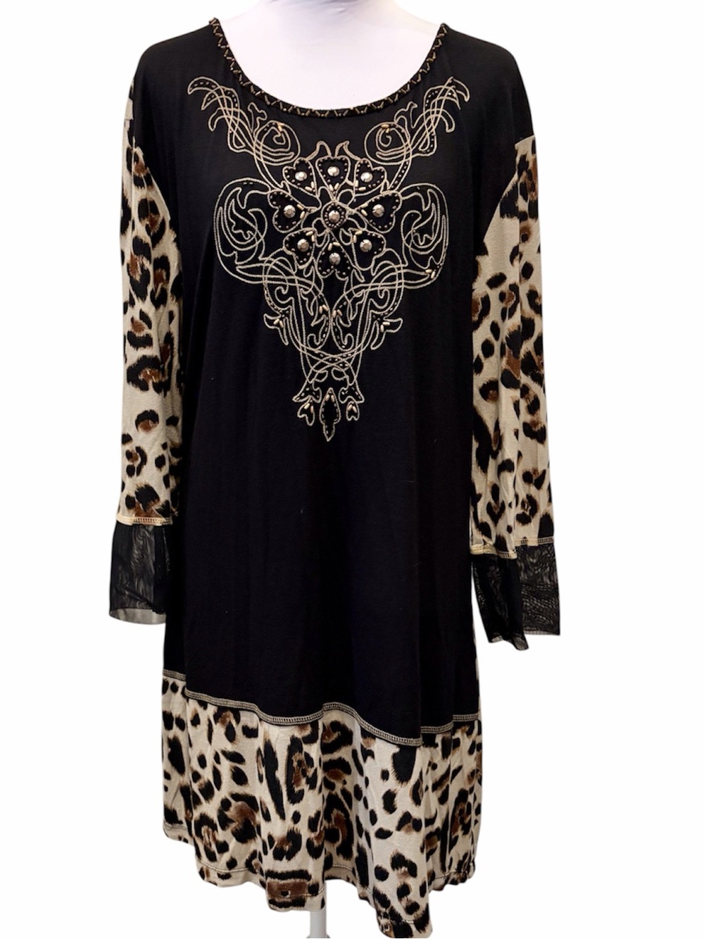 Studio X Y2K Leopard Beaded Embellished Tunic Top Shirt Black Large Boho